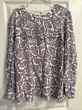 NWT Talbots White Paisley Ruffle-Front Long Sleeve Top with Red and Navy Print
